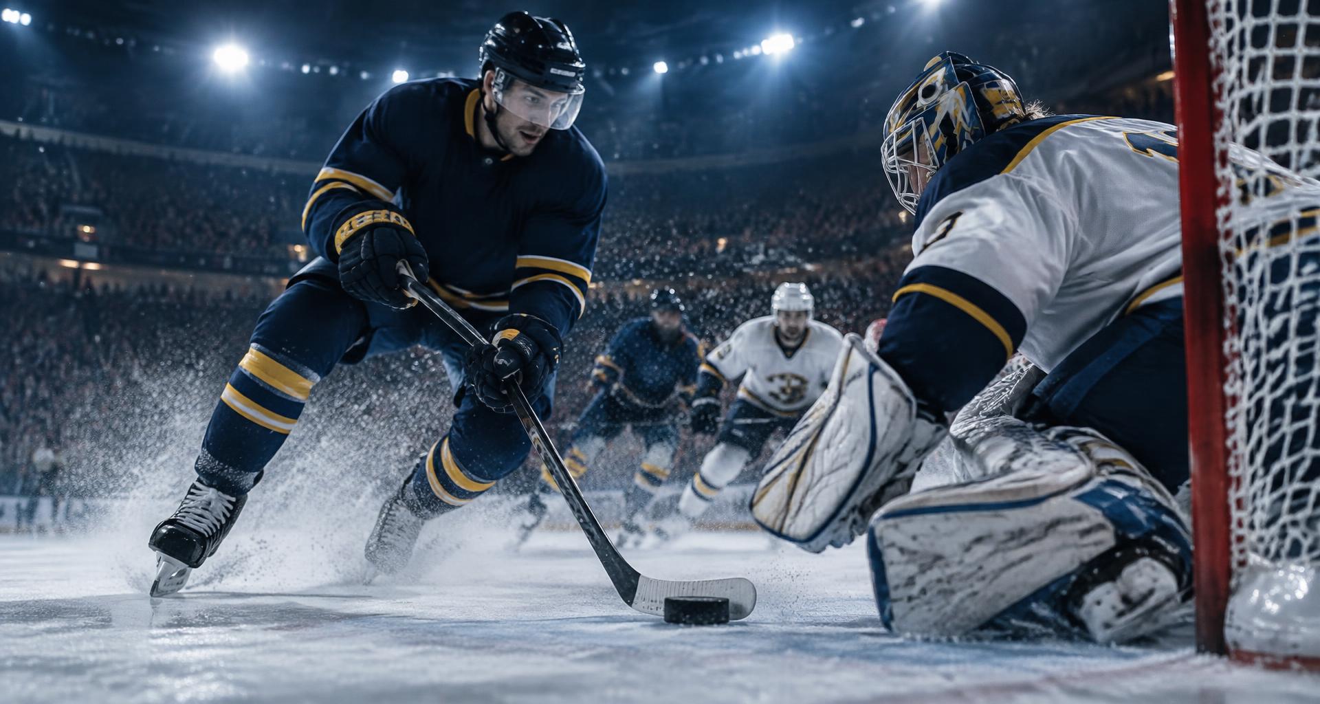 Ishockeyspelare i närkamp framför målet