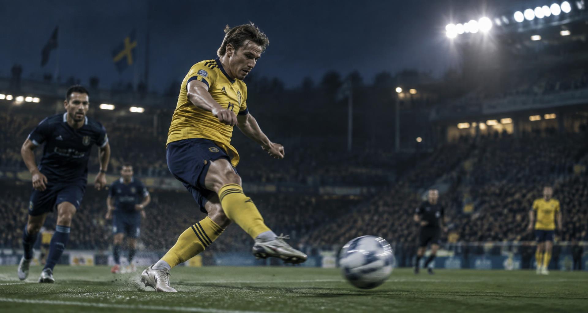 Spelare avslutar mot mål under en fotbollsmatch i kvällsljus